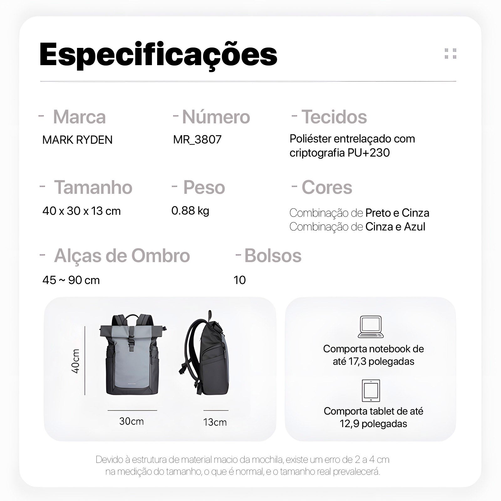 Mochila Executiva Expansível Notebook 17" Modelo ECLIPSE COMMUTER MARK RYDEN