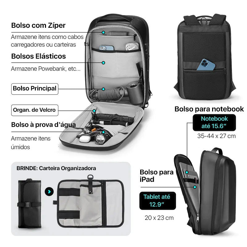 Mochila Executiva Notebook 15" Porta USB Modelo Black Bolt 2.0 Mark Ryden + Brinde Exclusivo