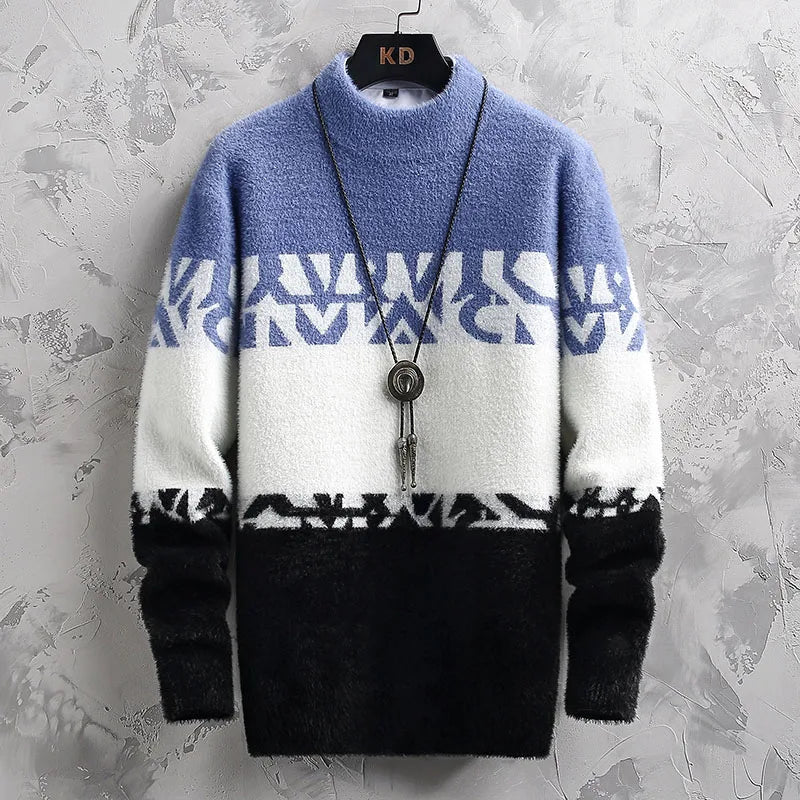 2023 Autumn and Winter New Fashion Trend Printed Elastic Sweater Men's Casual Loose Comfortable Warm Large Size Sweater M-3XL GatoGeek Blue M 160CM 50-55KG 