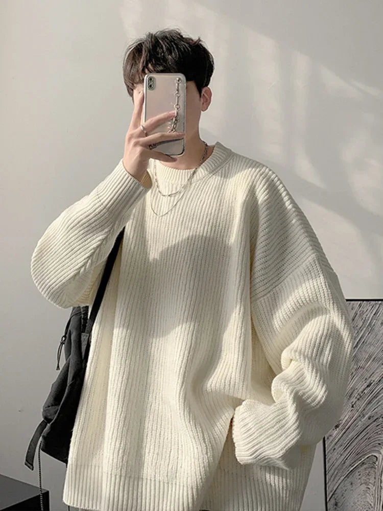 2023 Autumn Crew Neck Solid Color Pullover Sweaters For Men Casual Y2K Knitted Sweater High Street Fashion Jumpers Hombre GatoGeek WHITE XXXL(72.5-80KG) 