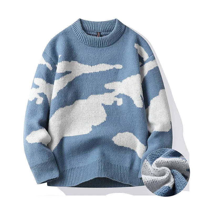2023 Autumn Men Casual Sweater Cloud Pattern Cute Couple Sweaters Round Neck Long Sleeve Male Knitted Sweater Harajuku Pullover GatoGeek 