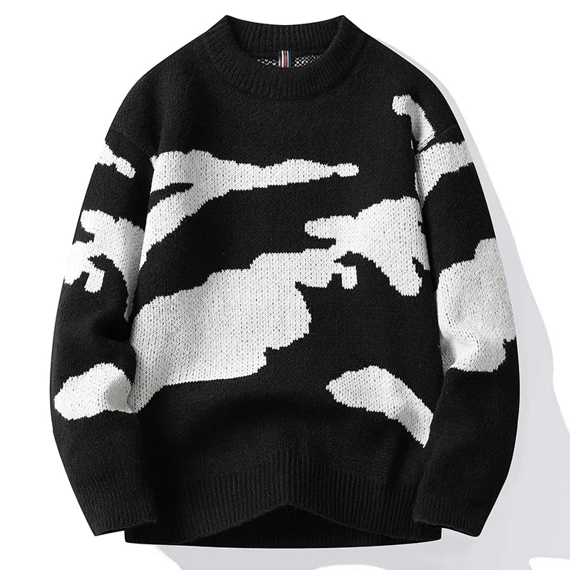 2023 Autumn Men Casual Sweater Cloud Pattern Cute Couple Sweaters Round Neck Long Sleeve Male Knitted Sweater Harajuku Pullover GatoGeek Black 3XL 