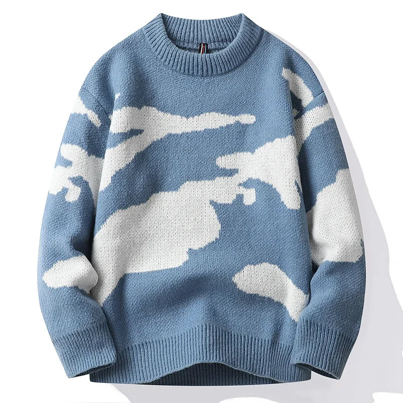 2023 Autumn Men Casual Sweater Cloud Pattern Cute Couple Sweaters Round Neck Long Sleeve Male Knitted Sweater Harajuku Pullover GatoGeek Blue 3XL 