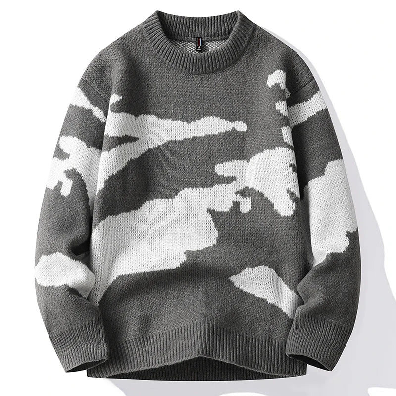 2023 Autumn Men Casual Sweater Cloud Pattern Cute Couple Sweaters Round Neck Long Sleeve Male Knitted Sweater Harajuku Pullover GatoGeek Grey 3XL 