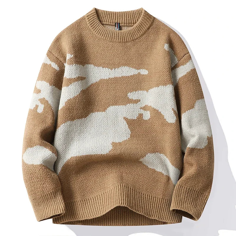 2023 Autumn Men Casual Sweater Cloud Pattern Cute Couple Sweaters Round Neck Long Sleeve Male Knitted Sweater Harajuku Pullover GatoGeek Khaki XL 