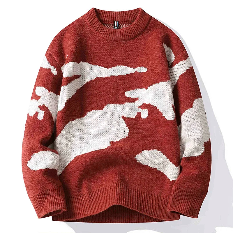 2023 Autumn Men Casual Sweater Cloud Pattern Cute Couple Sweaters Round Neck Long Sleeve Male Knitted Sweater Harajuku Pullover GatoGeek Red L 