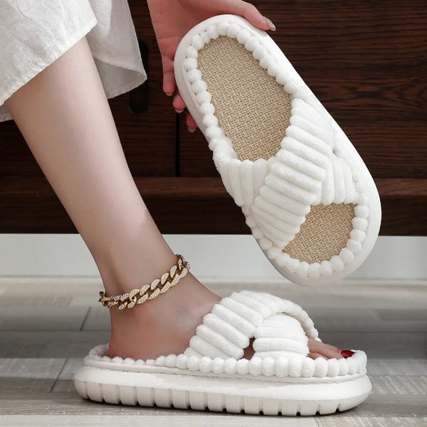 2023 Autumn Winter New Women Home Slippers Open-Toe Cross Band Linen Soled Indoor Slides Linen Soled Non-Slip Bathroom Slippers GatoGeek 