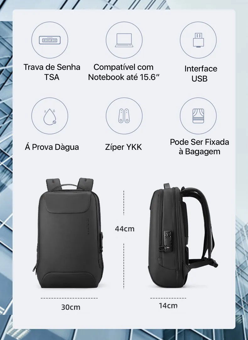 Mochila Executiva com Trava TSA À Prova d'Água p/ Notebook 15.6" Modelo City Black Mark Ryden