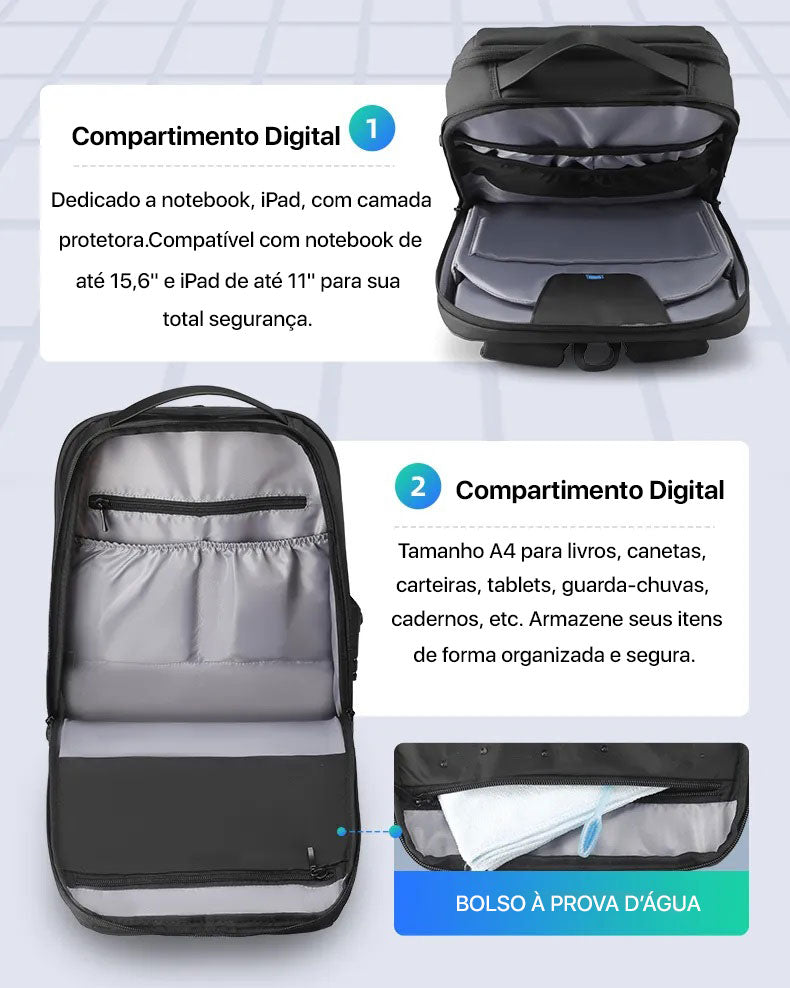 Mochila Executiva com Trava TSA À Prova d'Água p/ Notebook 15.6" Modelo City Black Mark Ryden