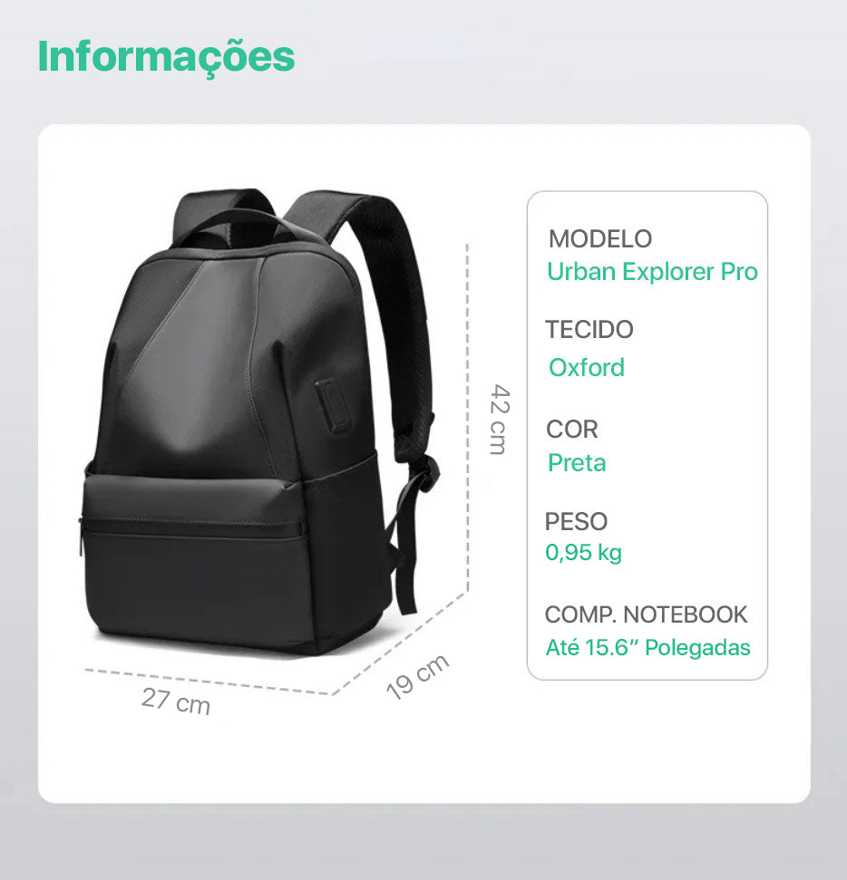 Mochila Casual Notebook 15.6' Carregamento USB Duplo Modelo Urban Explorer Pro Mark Ryden