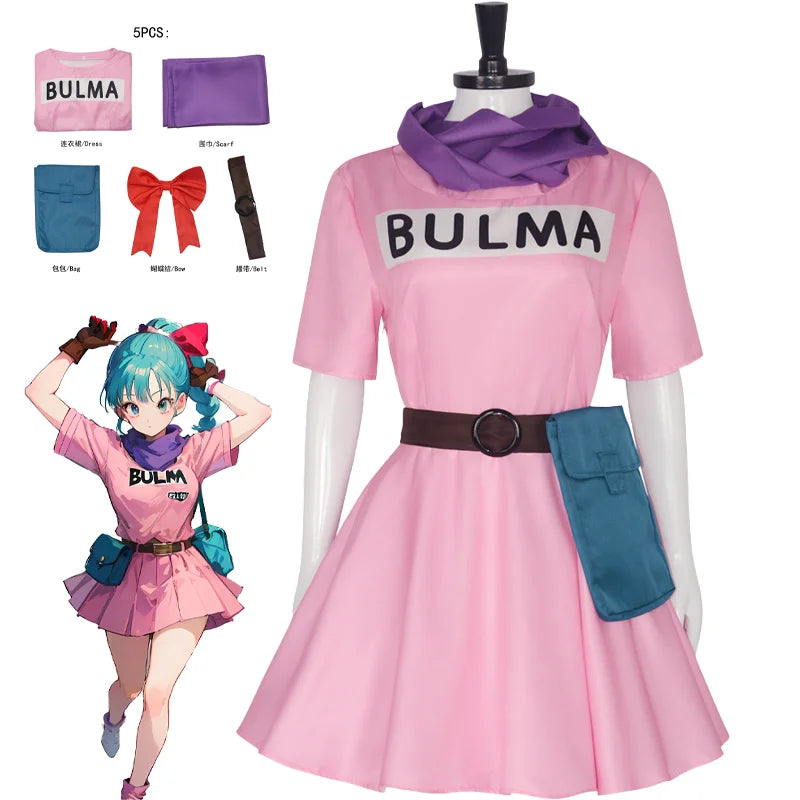 Fantasia Cosplay Adulto e Infantil Bulma, Vestido Rosa Kawaii 90s