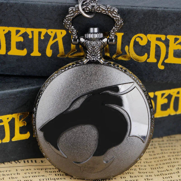 Black Wolf Figure Quartz Pocket Watch Anime Cool Style Black Red Dial Boy Gift Necklace Pendant GatoGeek 