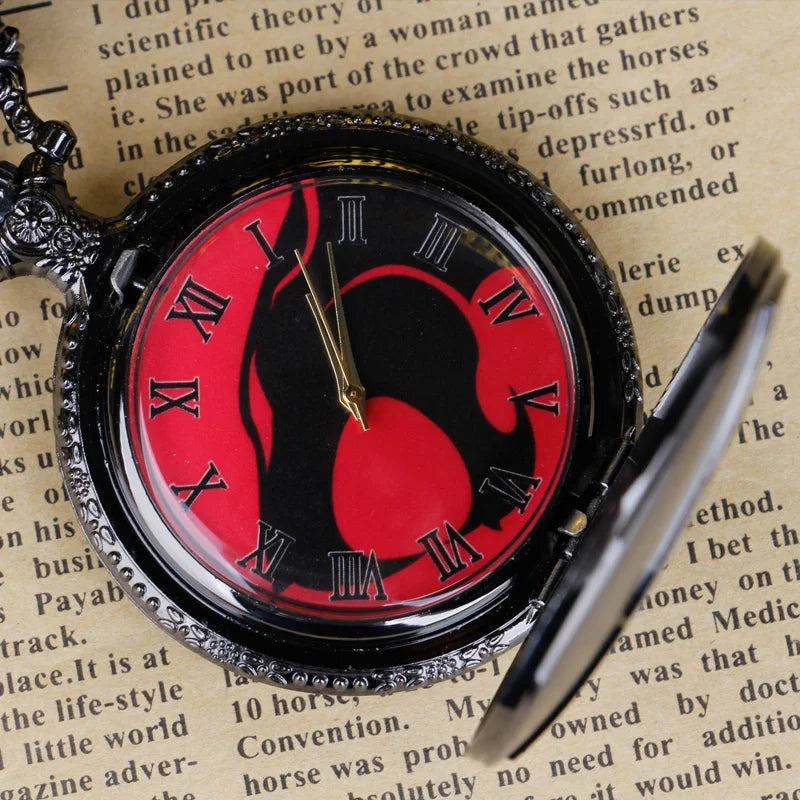 Black Wolf Figure Quartz Pocket Watch Anime Cool Style Black Red Dial Boy Gift Necklace Pendant GatoGeek 