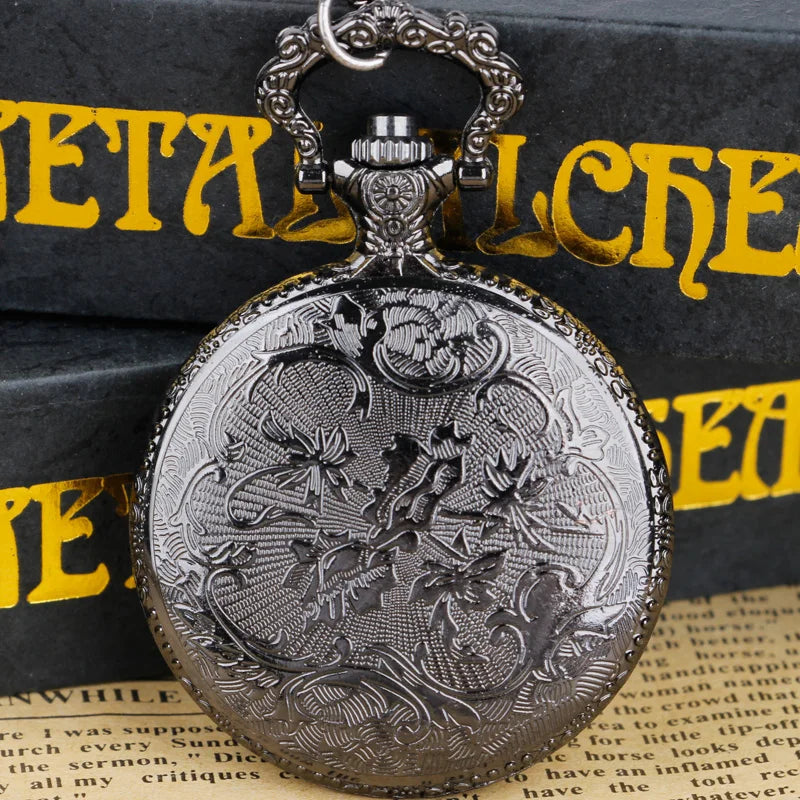 Black Wolf Figure Quartz Pocket Watch Anime Cool Style Black Red Dial Boy Gift Necklace Pendant GatoGeek 