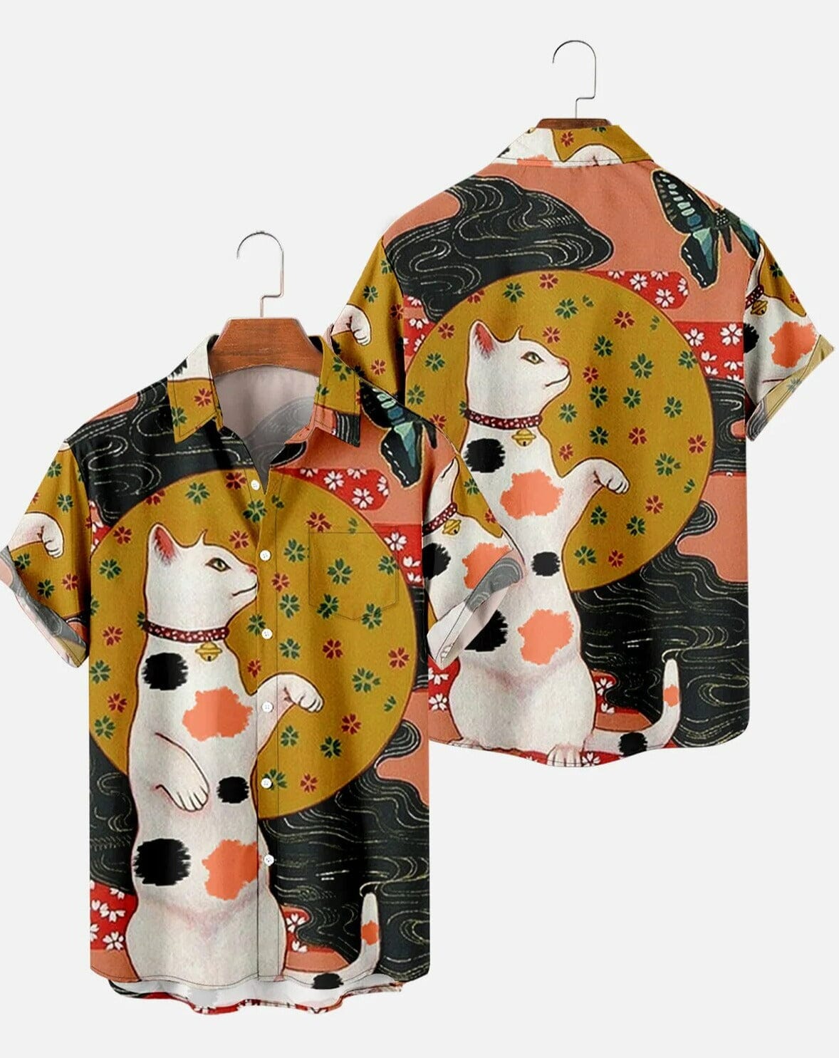 Camisa Casual com Estampas Japonesas Camisa GatoGeek Marrom e Preto (Gato) PP (S) 