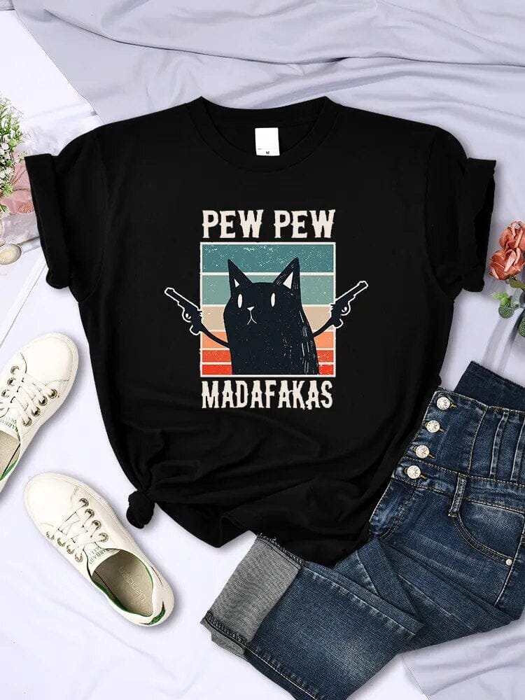 Camiseta Casual Cat Pew Pew Camiseta GatoGeek 