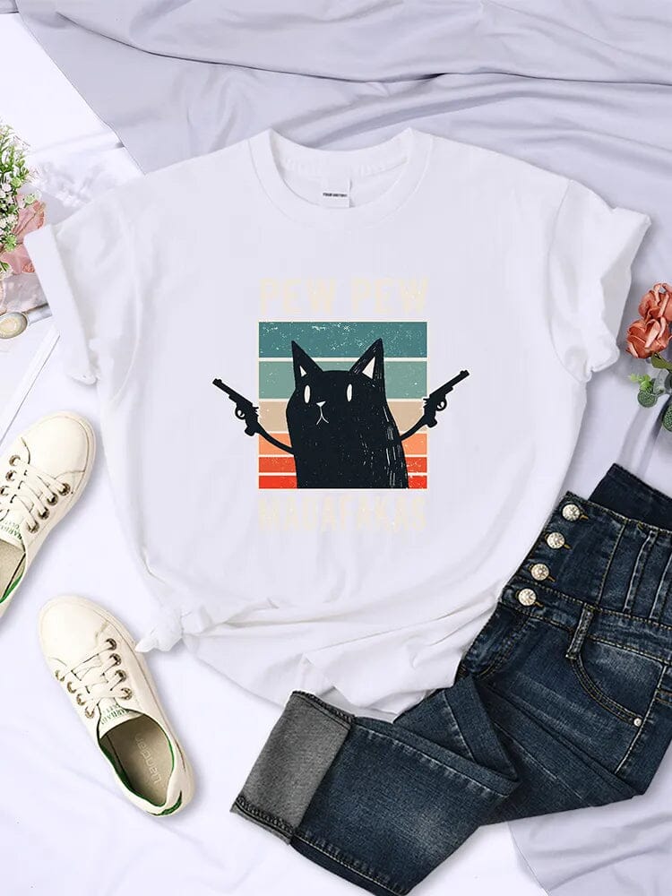 Camiseta Casual Cat Pew Pew Camiseta GatoGeek Branca PP (S) 