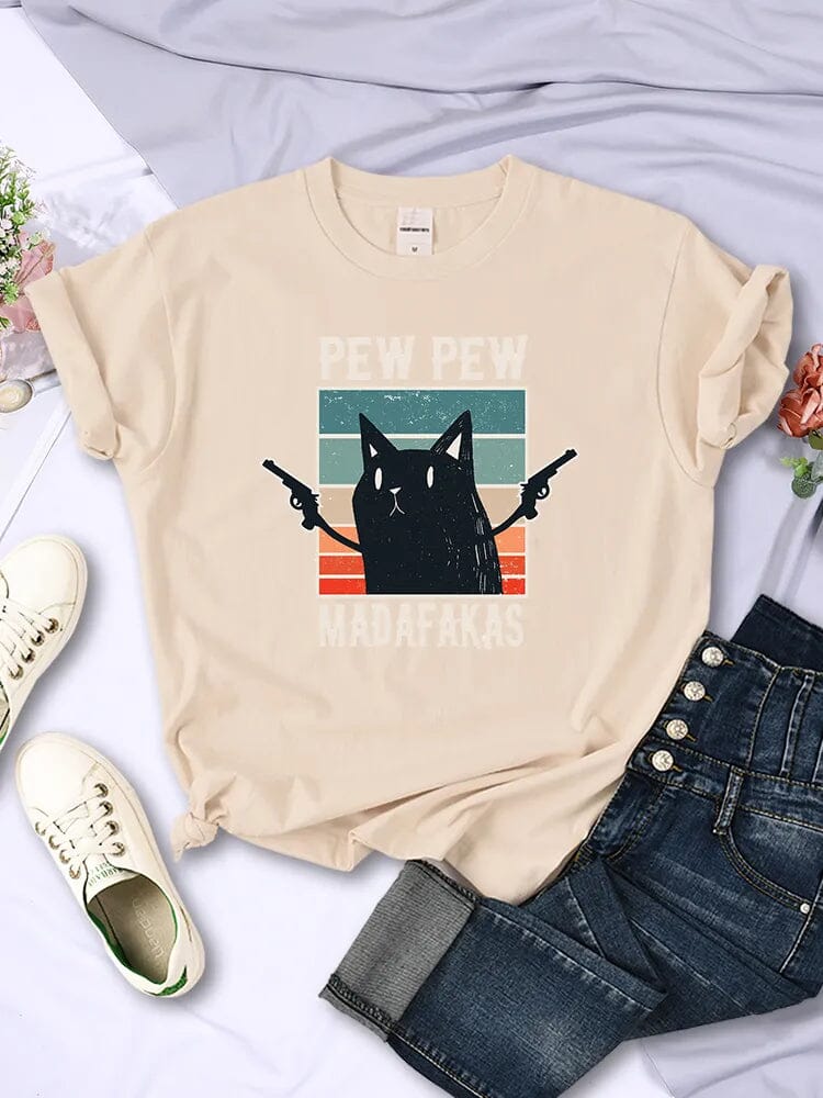 Camiseta Casual Cat Pew Pew Camiseta GatoGeek Cáqui PP (S) 