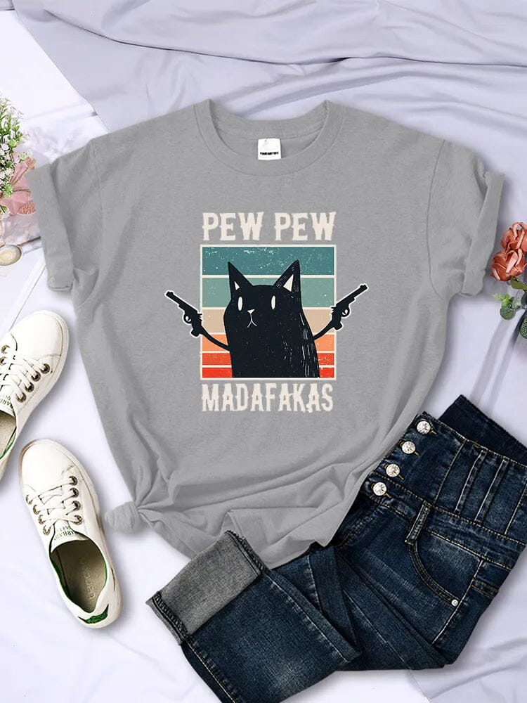 Camiseta Casual Cat Pew Pew Camiseta GatoGeek Cinza PP (S) 