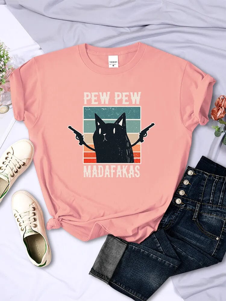 Camiseta Casual Cat Pew Pew Camiseta GatoGeek Rosa PP (S) 