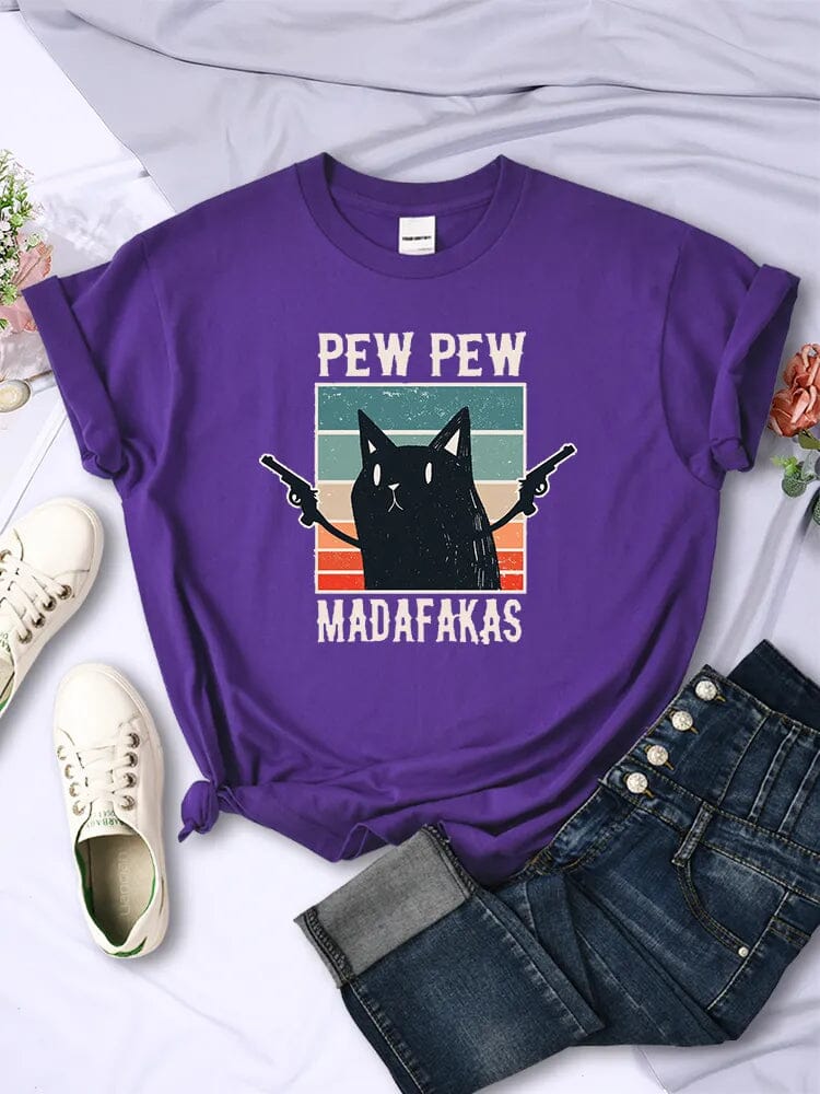 Camiseta Casual Cat Pew Pew Camiseta GatoGeek Roxa PP (S) 