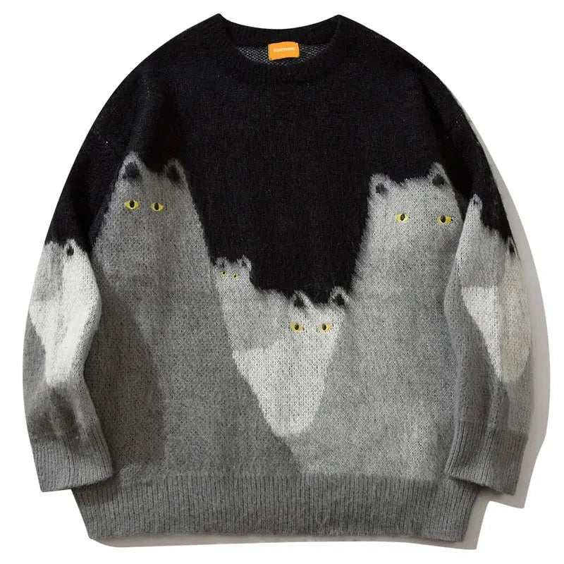 Cat Graphic Knitted Sweater Men Oversized Hip Hop Streetwear 2023 Autumn Pullover Black Loose Casual Jumper GatoGeek 