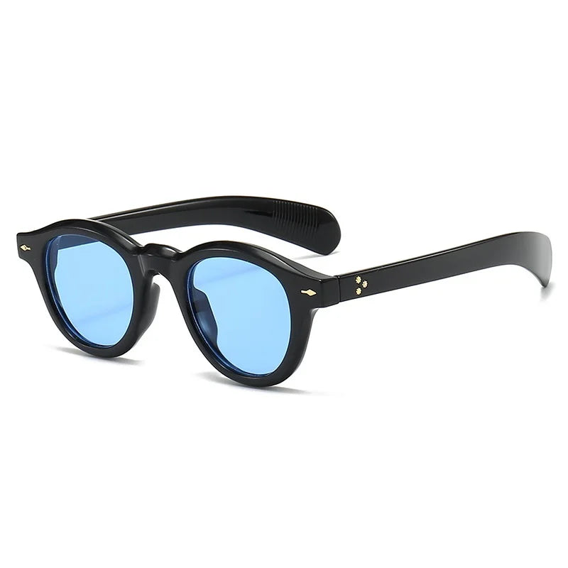 Fashion Small Round Sunglasses Women Retro Clear Ocean Lens Shades UV400 Men Rivets Punk Sun Glasses GatoGeek black blue as picture 