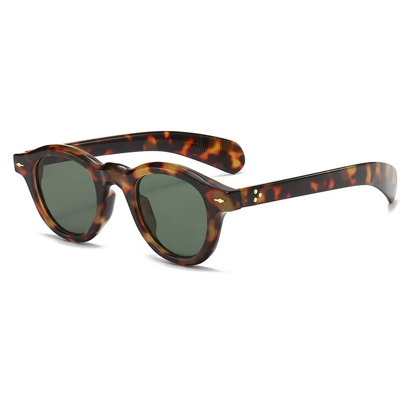 Fashion Small Round Sunglasses Women Retro Clear Ocean Lens Shades UV400 Men Rivets Punk Sun Glasses GatoGeek leopard green as picture 