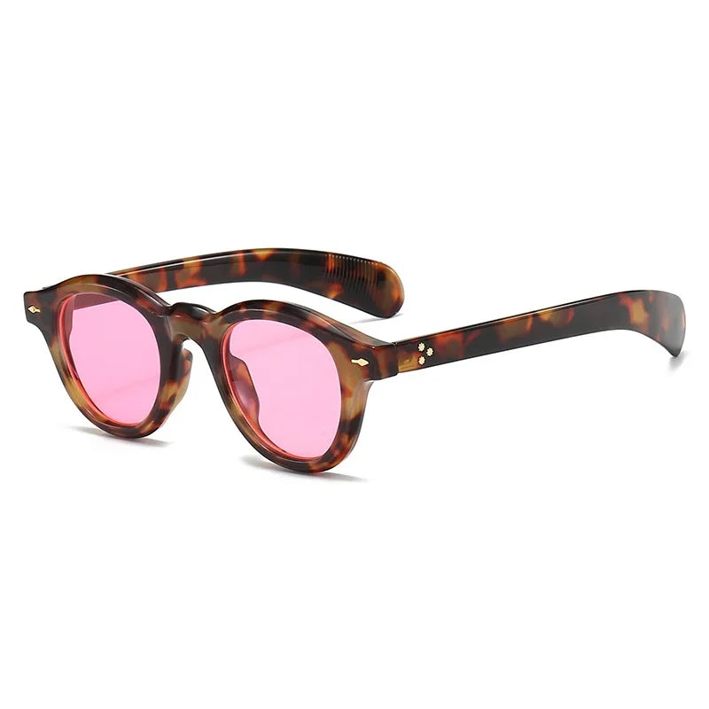 Fashion Small Round Sunglasses Women Retro Clear Ocean Lens Shades UV400 Men Rivets Punk Sun Glasses GatoGeek leopard pink as picture 