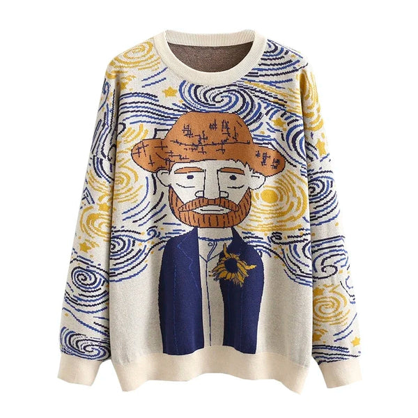 Harajuku Knitted Sweater Men Women Vintage Oil Painting O Neck Pullovers Causal College Style Jumper Oversized Streetwear Spring GatoGeek as shown One Size 