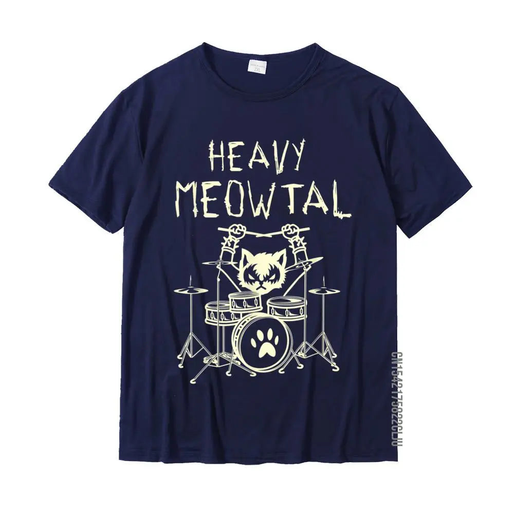 Heavy Meowtal Cat Metal Music Gift Idea Funny Pet Owner T-Shirt Latest Printed Tops Shirt Cotton T Shirts For Boys Geek GatoGeek Azul Marinho PP (S) 