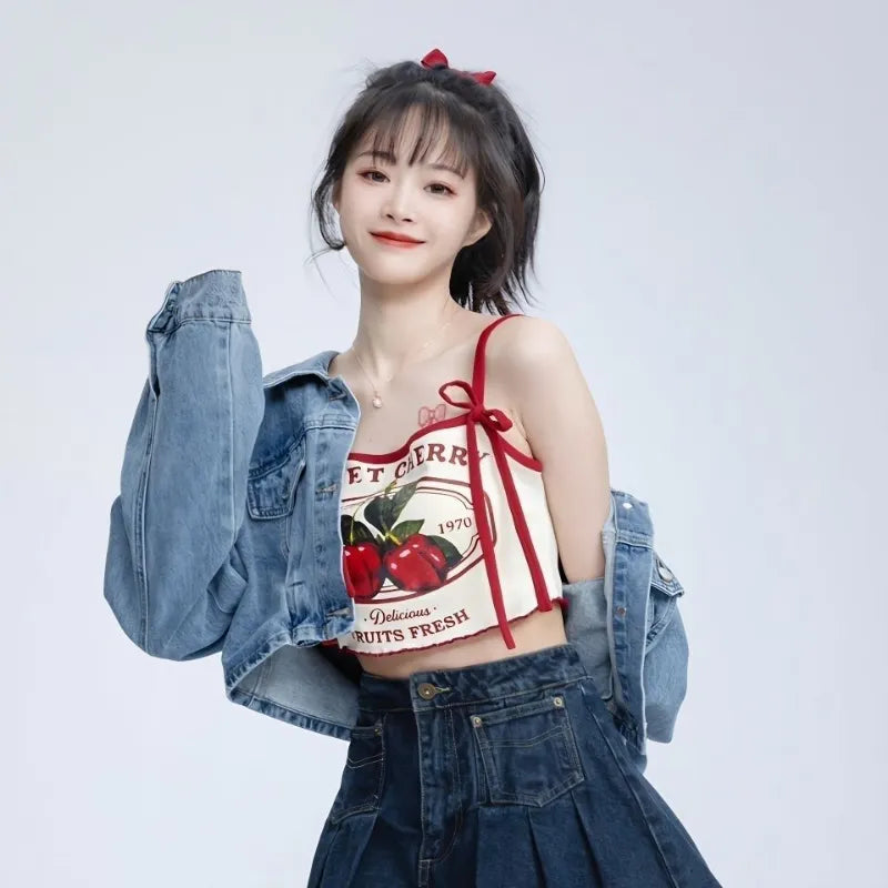 Hikigawa Chic Fashion Women Casual Japanese Sweet Cherry Print Slim Camisole Summer Bow Lace Up Thin Sxey Crop Y2k Tops Mujer GatoGeek 
