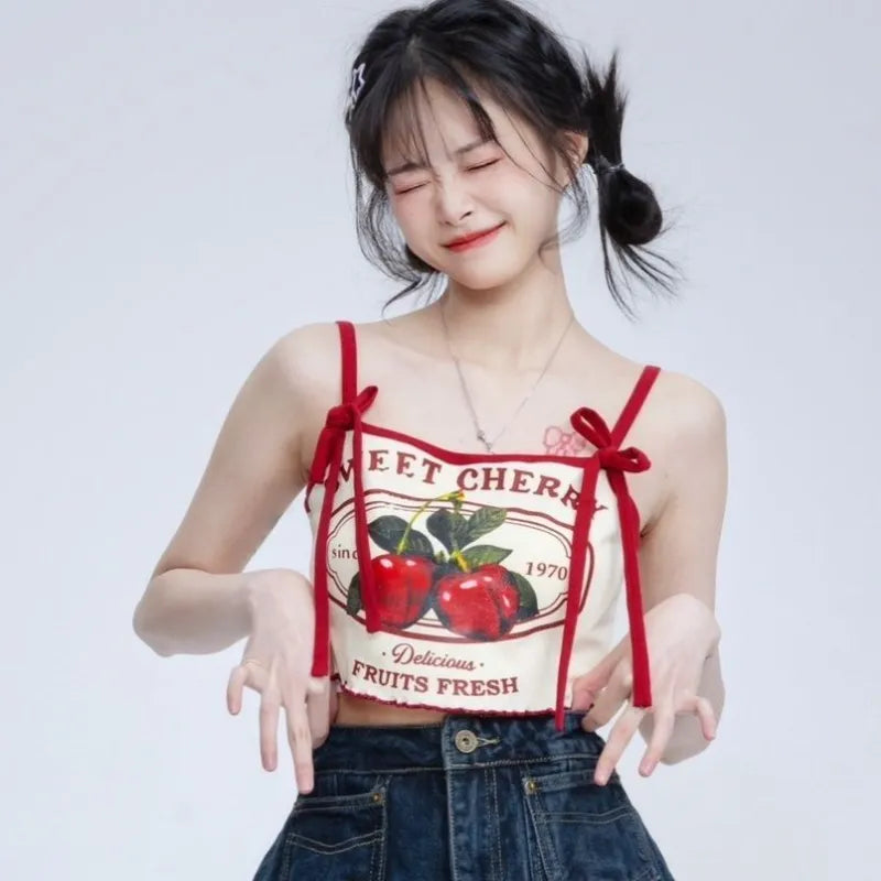 Hikigawa Chic Fashion Women Casual Japanese Sweet Cherry Print Slim Camisole Summer Bow Lace Up Thin Sxey Crop Y2k Tops Mujer GatoGeek 