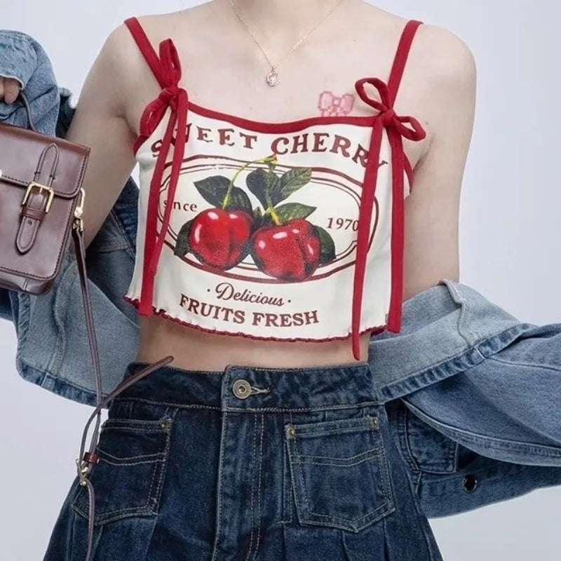 Hikigawa Chic Fashion Women Casual Japanese Sweet Cherry Print Slim Camisole Summer Bow Lace Up Thin Sxey Crop Y2k Tops Mujer GatoGeek White S 