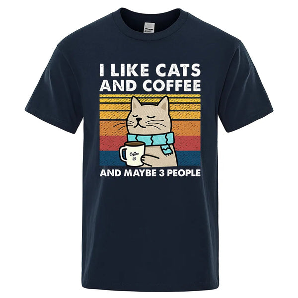 I Like Cats And Coffee Street Funny T-Shirt For Men Fashion Casual Loose Cotton Clothing Crewneck Breathable Tshirt Hip Hop Tees GatoGeek Dark Blue S 