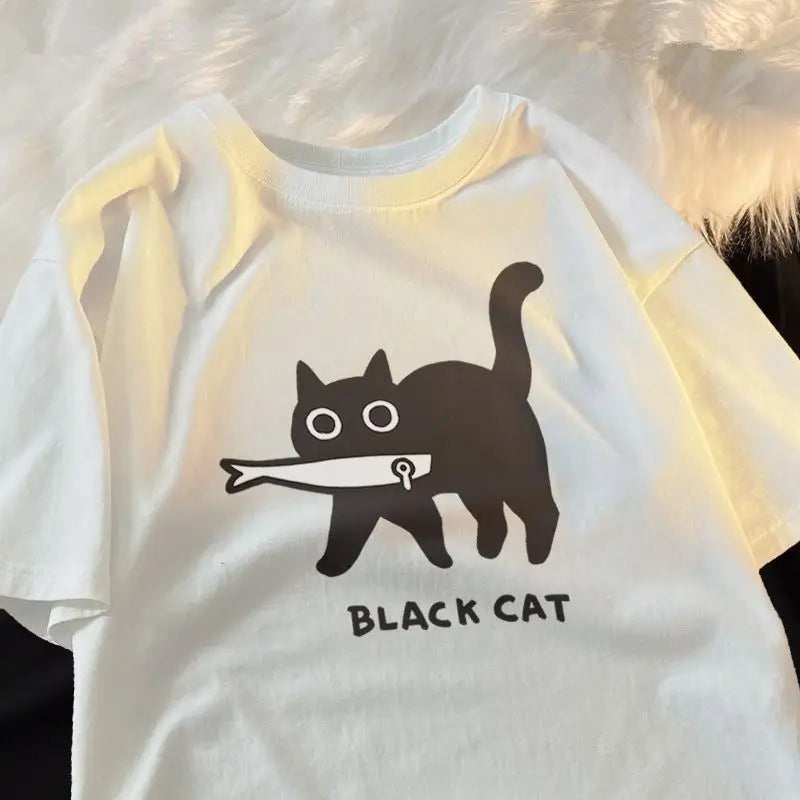 Japanese cartoon fun funny fish black cat short-sleeved men and women loose cute couple outfit all-match niche half-sleeved top GatoGeek 