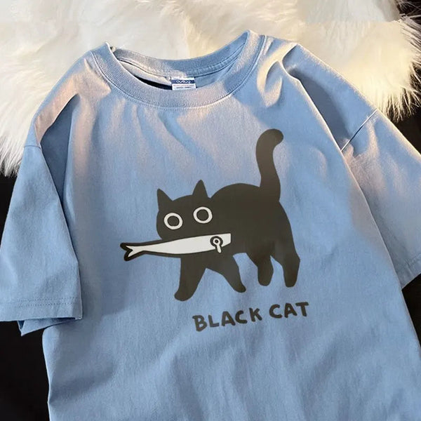 Japanese cartoon fun funny fish black cat short-sleeved men and women loose cute couple outfit all-match niche half-sleeved top GatoGeek blue S 