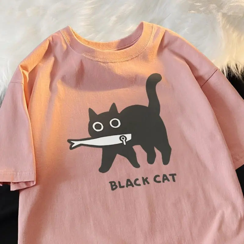 Japanese cartoon fun funny fish black cat short-sleeved men and women loose cute couple outfit all-match niche half-sleeved top GatoGeek pink S 