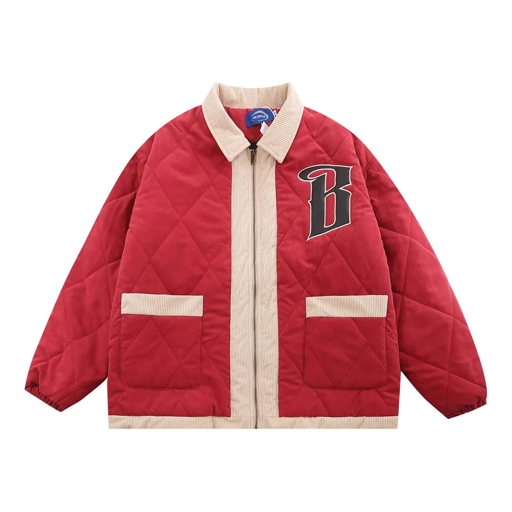 Lapel Cotton Jacket Men American High Street Trend Letter Patchwork Embroidered Coat Large Pockets Warm Couple College Style Top GatoGeek Red M 
