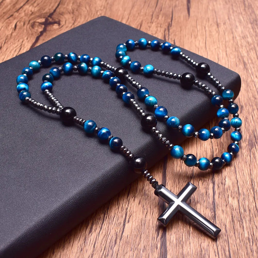 Light Blue Tiger Eye Onyx Catholi Christ Rosary Bead Long Necklaces for Men Hematite Cross Pendant Necklace Meditation Jewelry GatoGeek 