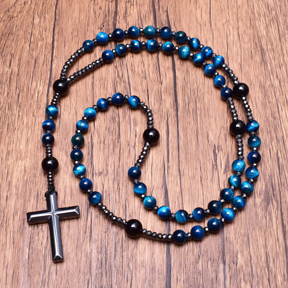 Light Blue Tiger Eye Onyx Catholi Christ Rosary Bead Long Necklaces for Men Hematite Cross Pendant Necklace Meditation Jewelry GatoGeek 