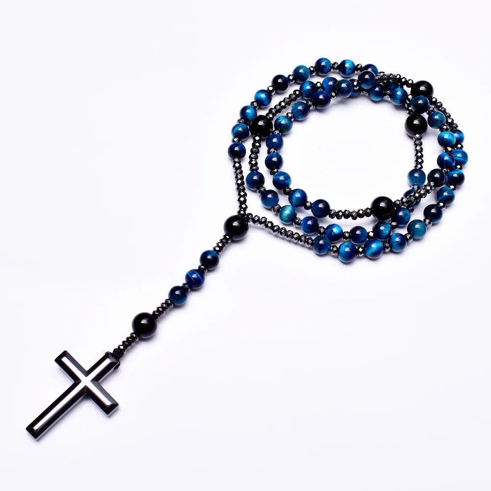 Light Blue Tiger Eye Onyx Catholi Christ Rosary Bead Long Necklaces for Men Hematite Cross Pendant Necklace Meditation Jewelry GatoGeek 