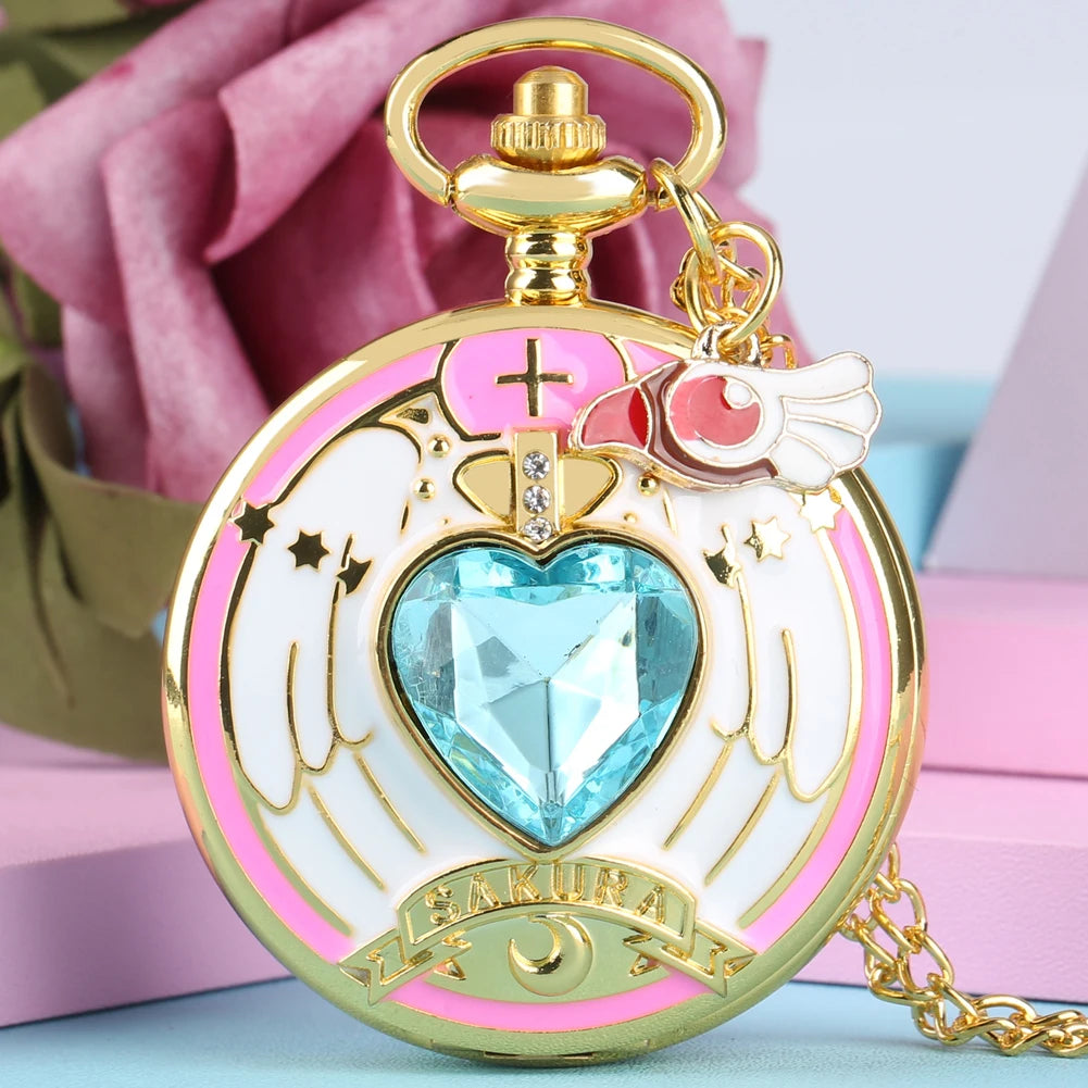 Luxury Gold Heart-shaped Gem Quartz Pocket Watch with Cardcaptor Sakura Accessory Pendant Necklace Chain Steampunk Women Gifts GatoGeek 