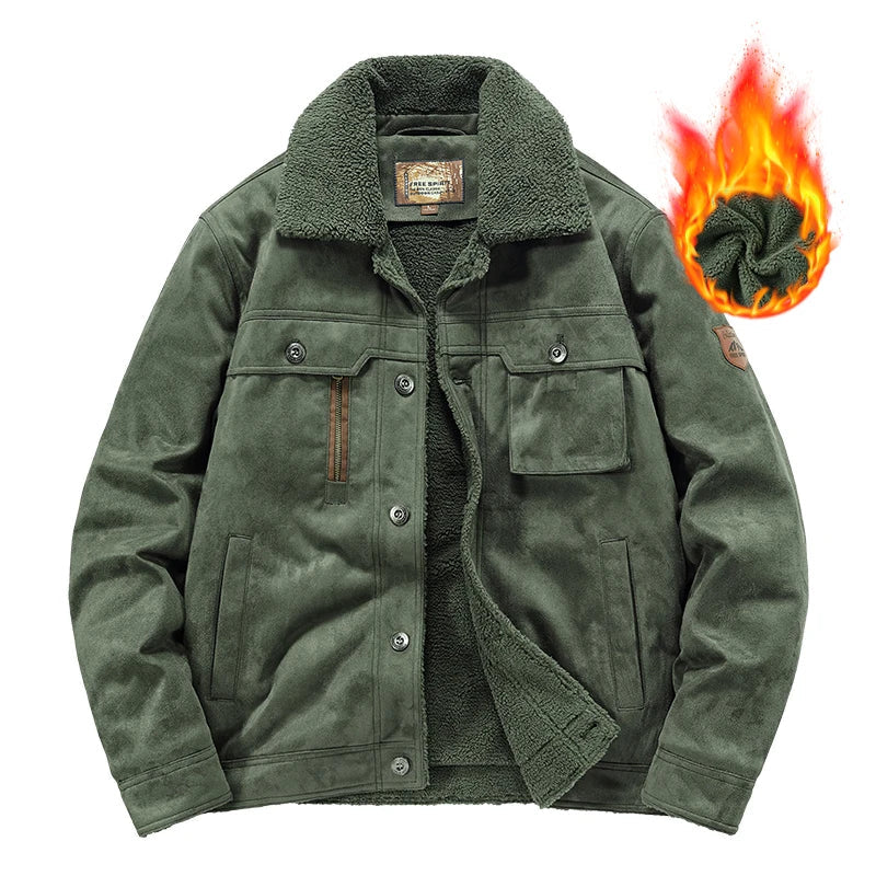 Men Warm Coats Plus Velvet Thick Suede Jackets Male Fur Collar Winter Casual Jacket Mens Outwear Thermal Cotton Clothing GatoGeek army green 5XL 