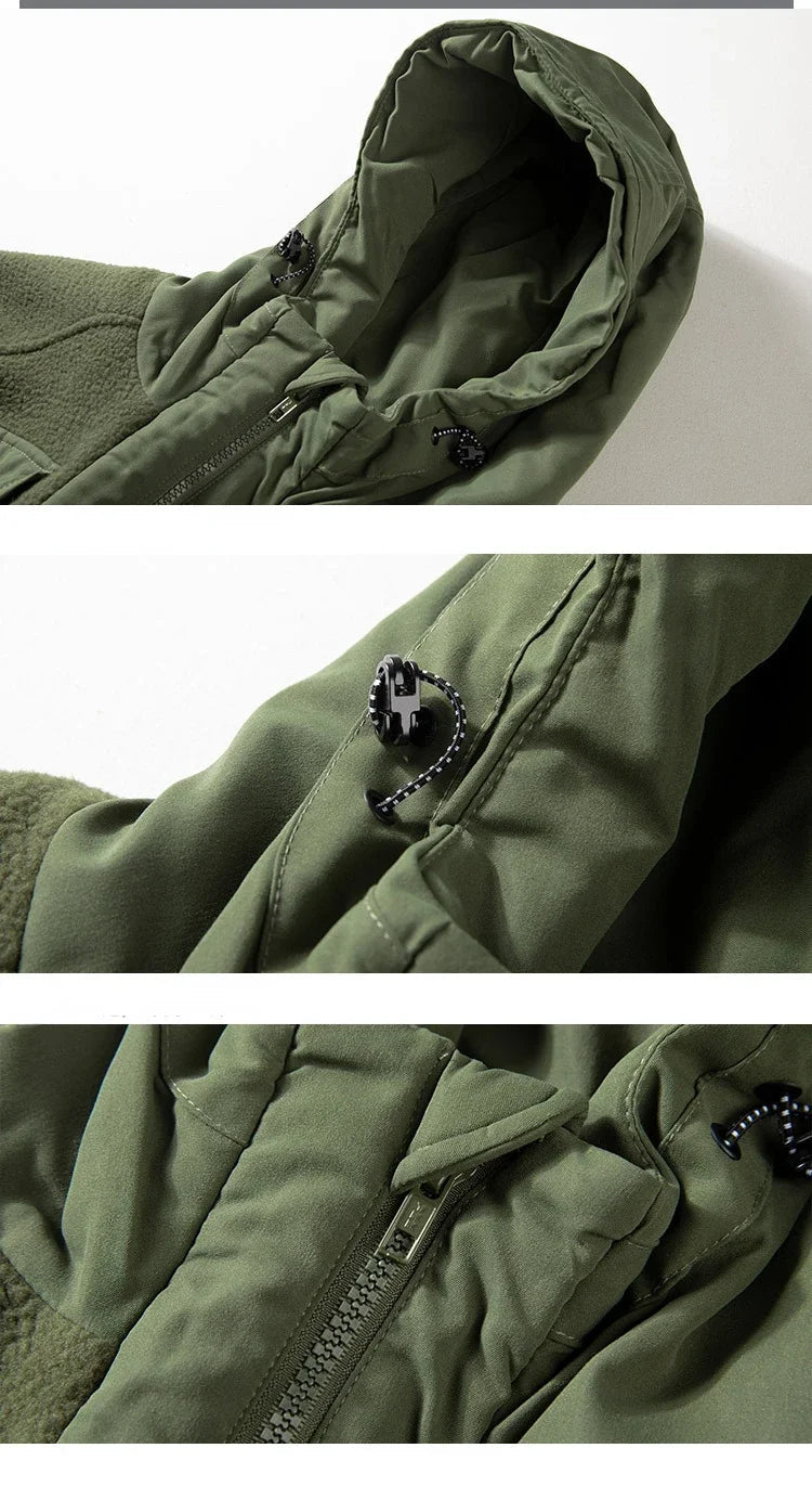 Men's Fleece Patchwork Cotton Jackets Hooded Japanese Work Loose Multi Pocket Coats Comfortable Versatile Harajuku Zipper Top GatoGeek 
