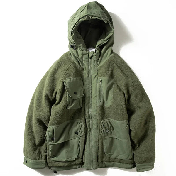 Men's Fleece Patchwork Cotton Jackets Hooded Japanese Work Loose Multi Pocket Coats Comfortable Versatile Harajuku Zipper Top GatoGeek Green XXL 