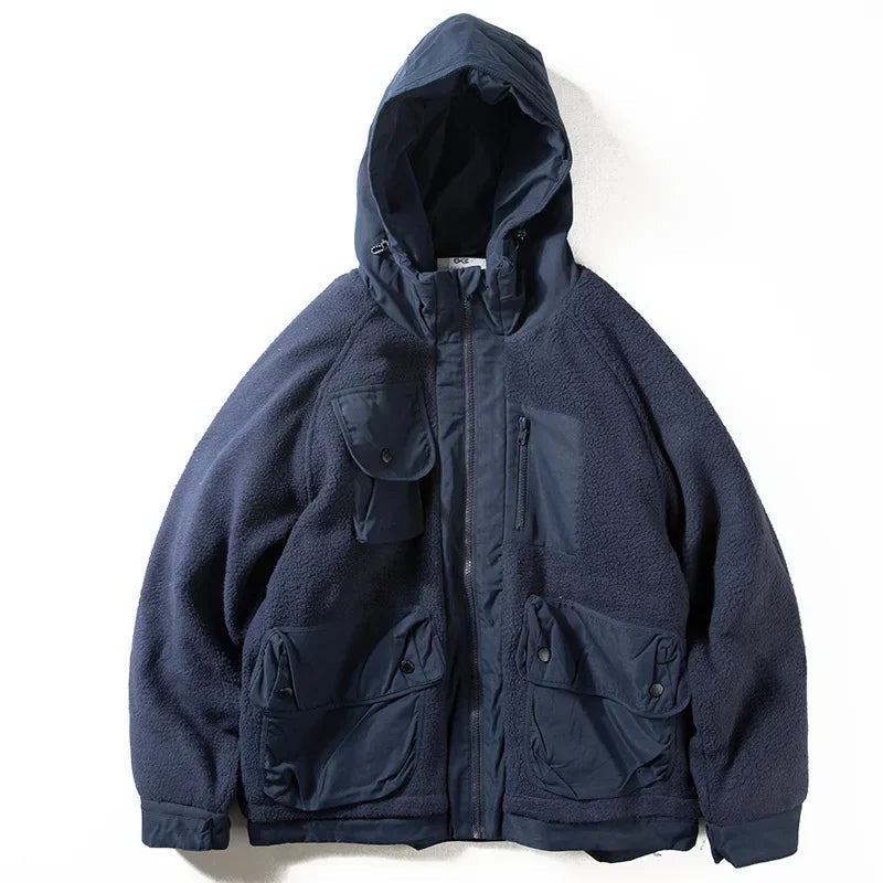 Men's Fleece Patchwork Cotton Jackets Hooded Japanese Work Loose Multi Pocket Coats Comfortable Versatile Harajuku Zipper Top GatoGeek navy blue L 