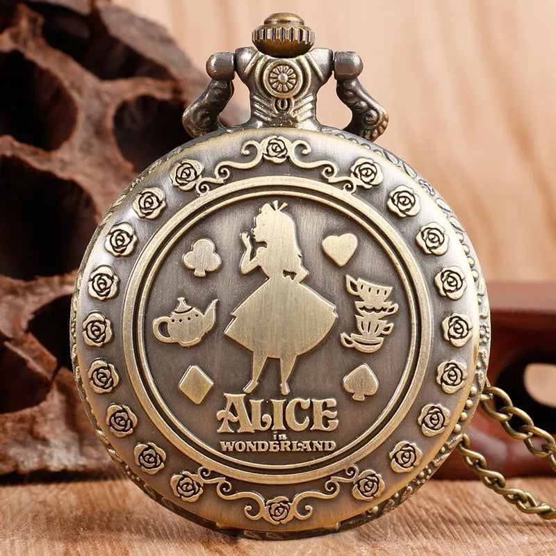 New Arrival Retro Alice in Wonderland Theme Bronze Quartz Pocket Watches Vintage Fob Watches Christmas Brithday Gift relogio GatoGeek 