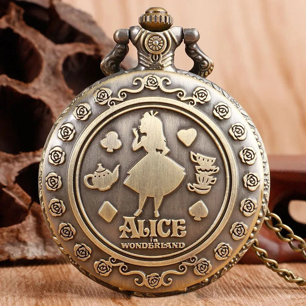 New Arrival Retro Alice in Wonderland Theme Bronze Quartz Pocket Watches Vintage Fob Watches Christmas Brithday Gift relogio GatoGeek 