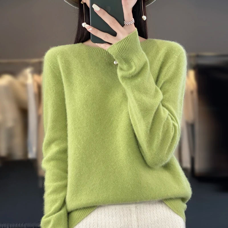 New cashmere sweater women's sweater in autumn and winter 100% merino wool fashion O-neck autumn warm pullover top GatoGeek Army Green M 